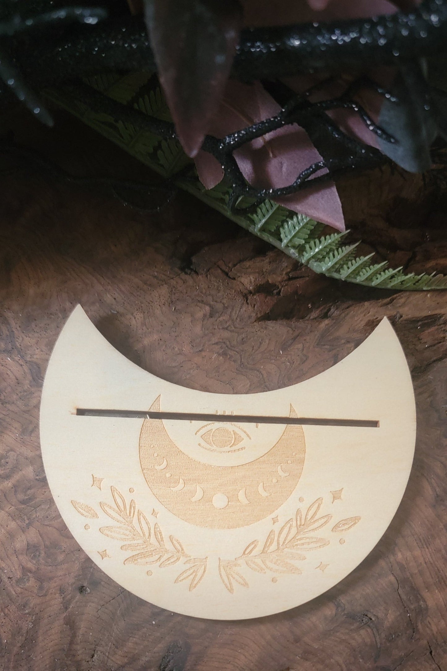 Moon Shape Engraved Wood Single Tarot Card display, Engraved Daily Card holder