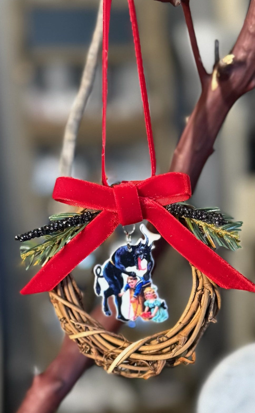 Krampus Ornament Grapevine Wreath – Gothic Christmas Wall Decor