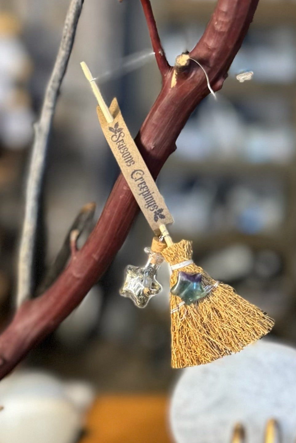 Besom Ornament Season's Creeping's Protection spelled Broom ornament