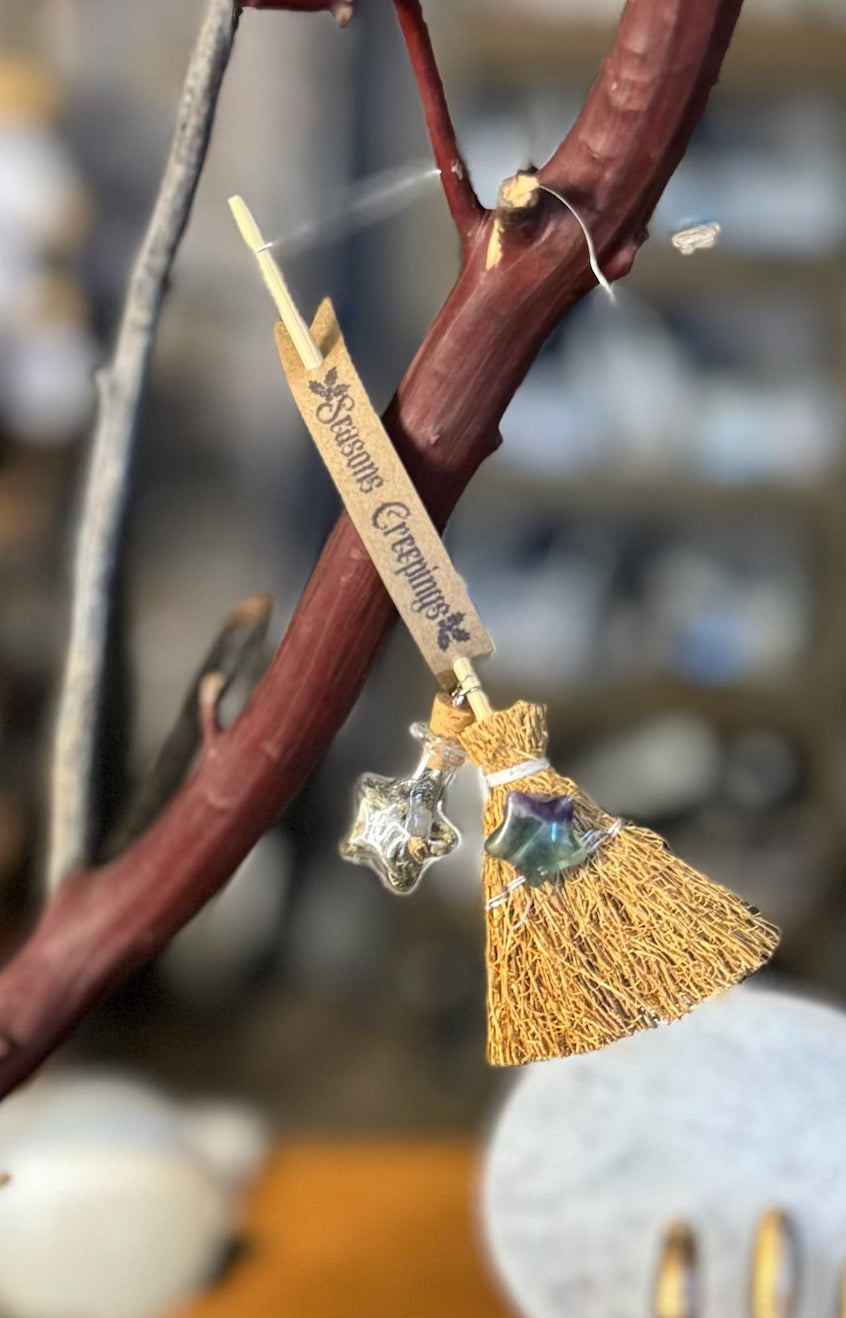 Besom Ornament Season's Creeping's Protection spelled Broom ornament