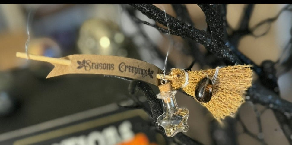 Besom Ornament Season's Creeping's Protection spelled Broom ornament