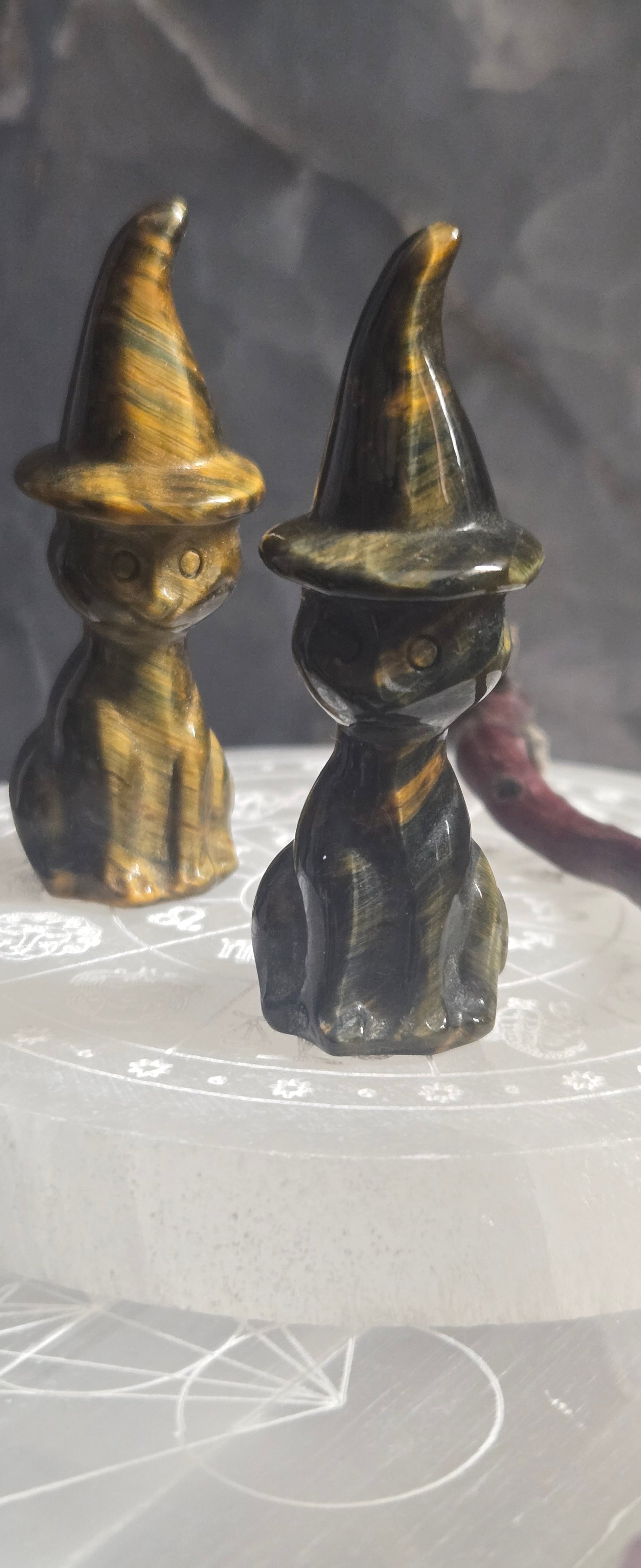 Cat in a Witch Hat Tiger's Eye Crystal carving, Witchy Cat carved crystal