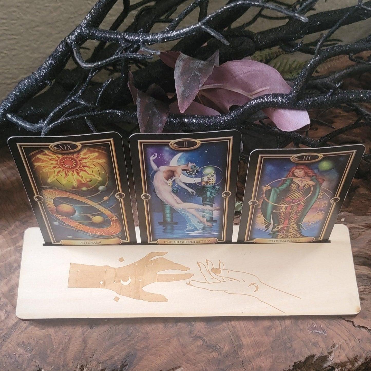 Triple card Tarot Display Stand, Engraved Wood 3 card holder