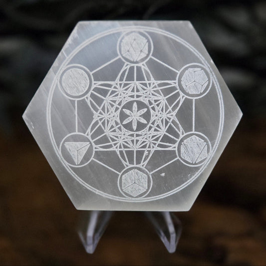 Selenite Metatron Crystal Grid Plate – Engraved with 5 Platonic Solids in a Circle| Sacred Geometry Energy Grid | Meditation & Manifestation Tool