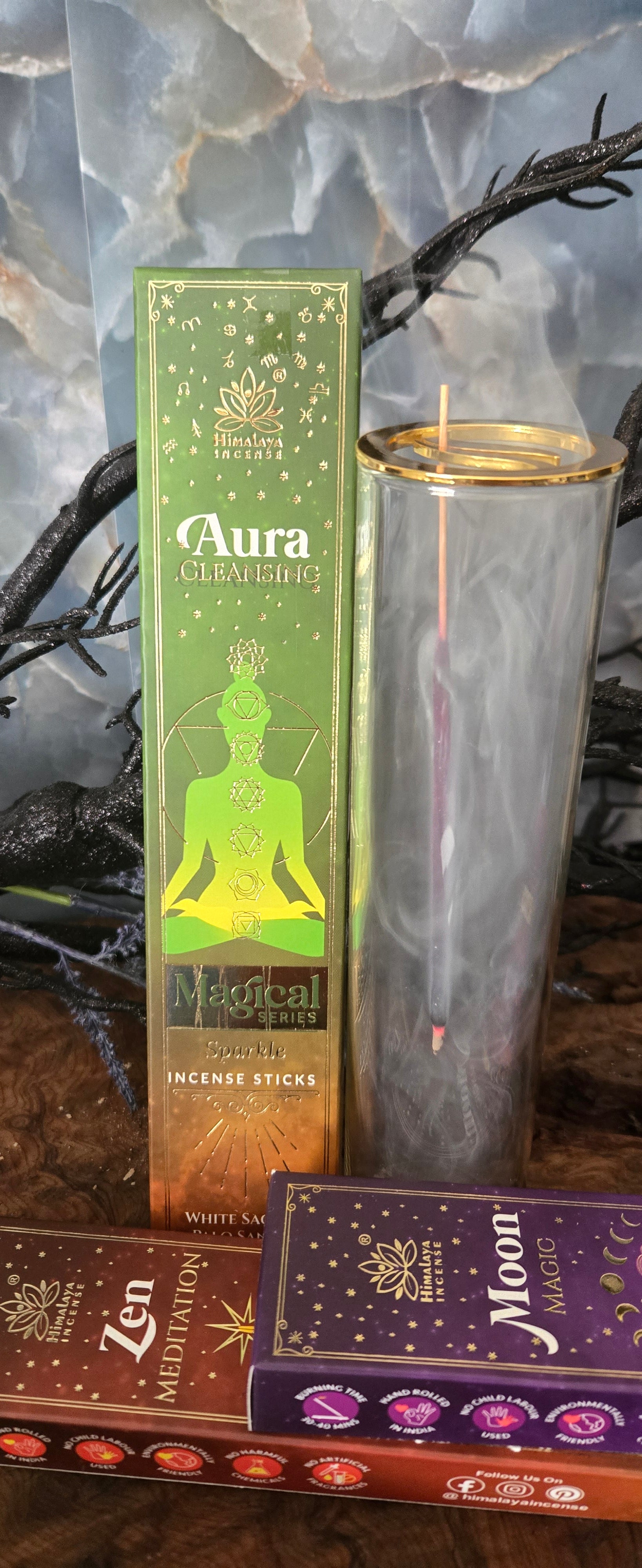 Glass incense holder with magic series incense sticks bundle set for spells and meditation