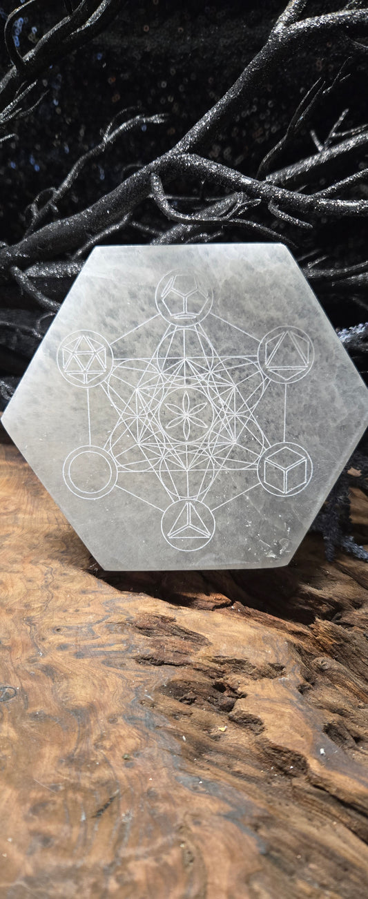 Selenite Sacred Geometry Crystal Grid – 5 Platonic Solid Symbols Grid Plate for Energy Alignment & Manifestation