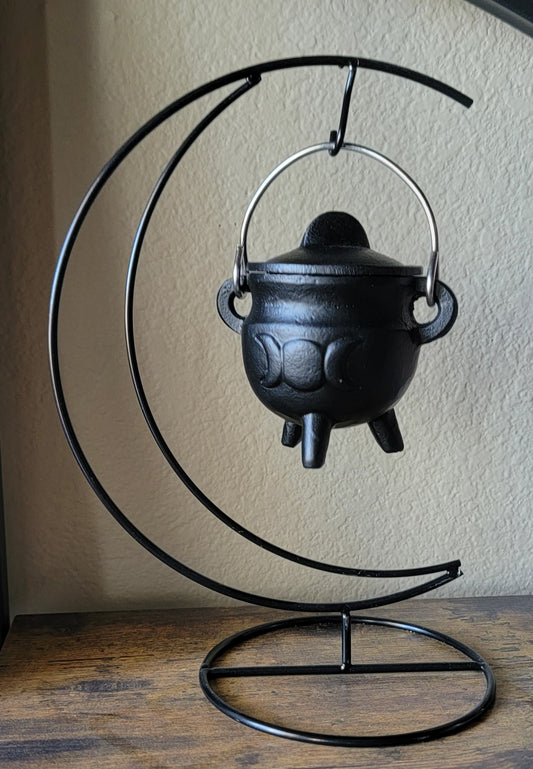 Baby Witch Cauldron kit, 3" Potbelly Cast Iron Cauldron kit with Crescent Moon stand, Loose Leaf Incense Spell Cauldron,Tarot Cauldron