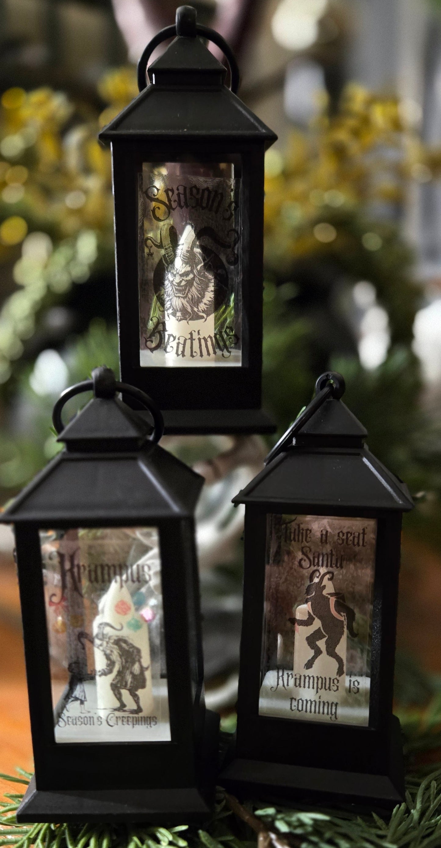 Dark Christmas Lantern Ornament set, Krampus or Witchmas Lantern Trio
