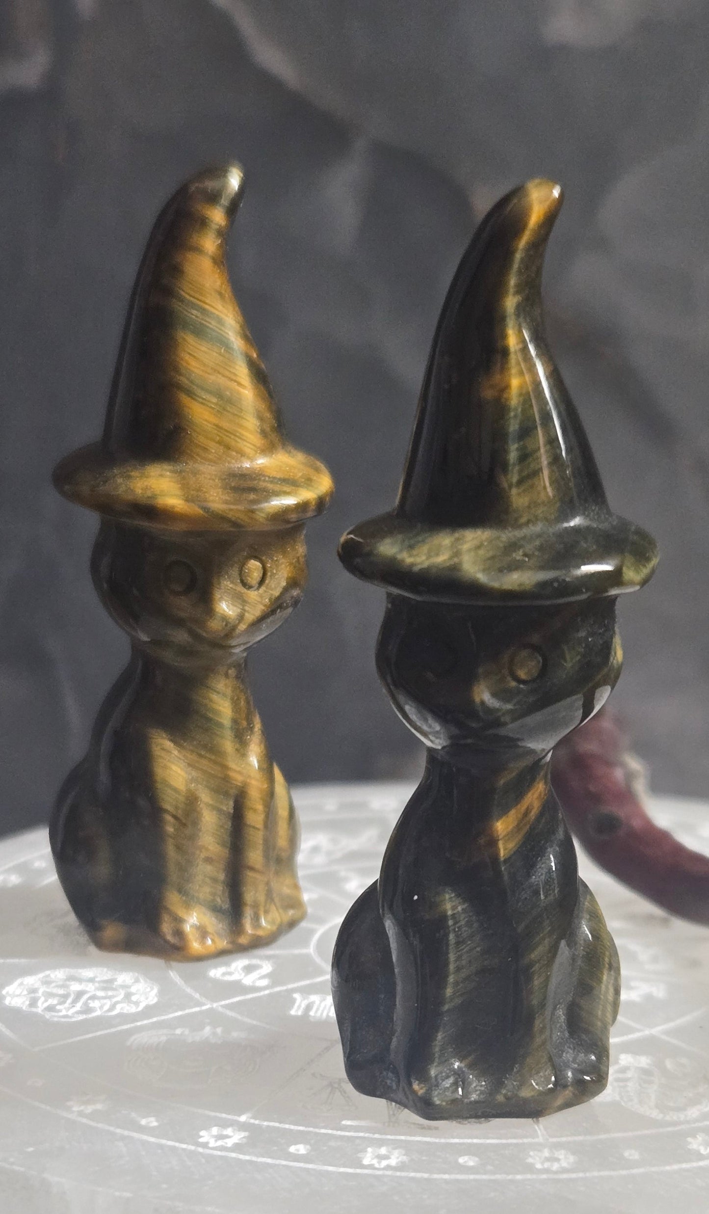 Cat in a Witch Hat Tiger's Eye Crystal carving, Witchy Cat carved crystal