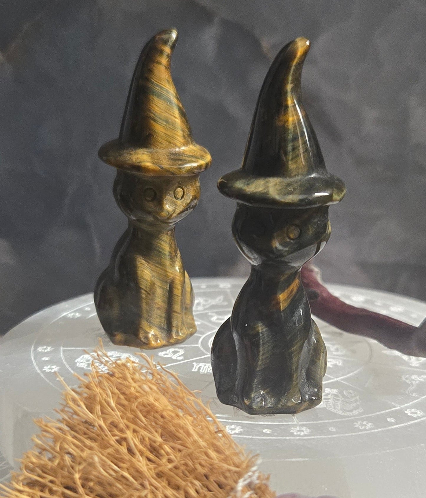 Cat in a Witch Hat Tiger's Eye Crystal carving, Witchy Cat carved crystal