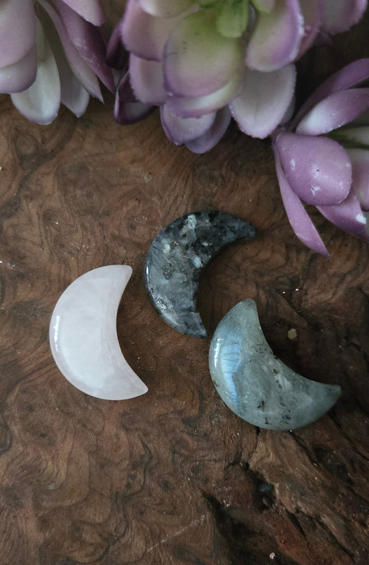 Crescent Moon Crystal in Labradorite, Black Labradorite, and Rose Quartz – 1 inch carvings