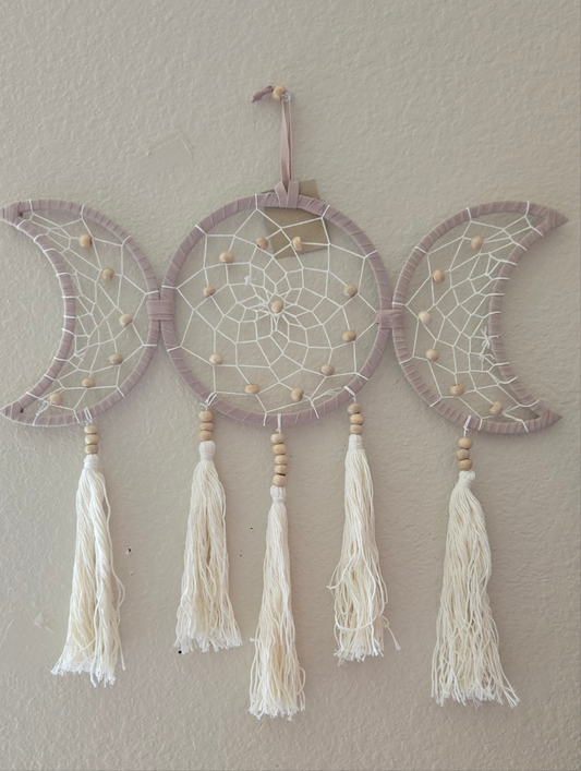 Triple Moon Macramé Dream Catcher – Boho Wall Hanging for Divine Feminine Energy and Lunar Protection