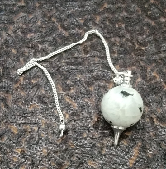 Round Rainbow moonstone sephorotone, pendulum, hanging on a chrome chain