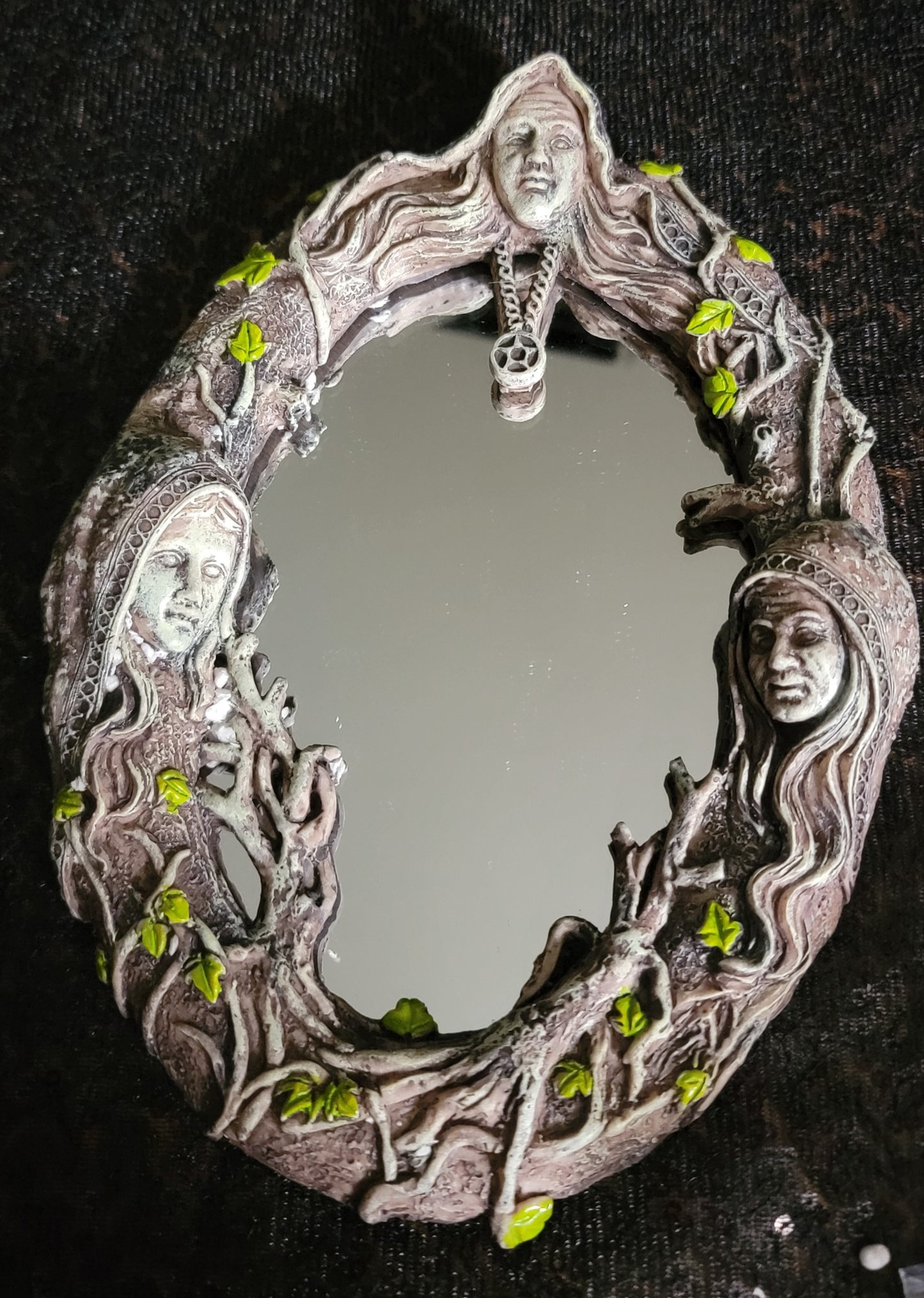 Triple Moon Goddess Mirror,  Mother Maiden Crown mirror, Goddess scribe, Goddess mirror,  Hecate Mirror, Hecate Scribe