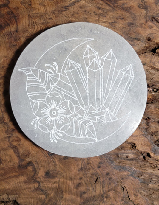 Round Selenite, plate with crescent moon crystals and flowers engraved