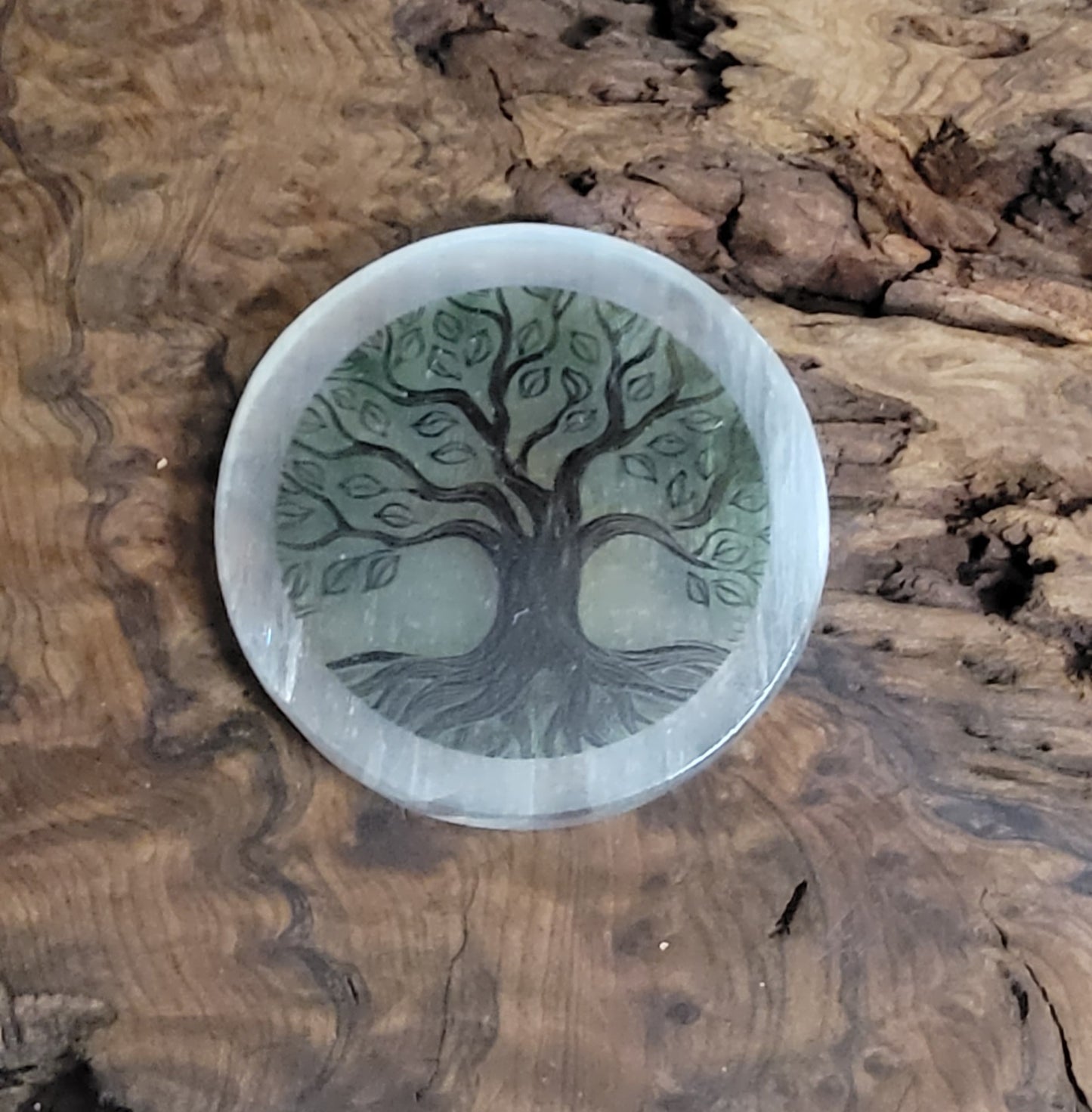 Tree of Life printed Selenite Charging Disc.