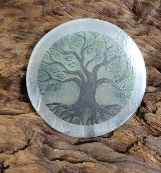 Tree of Life printed Selenite Charging Disc.