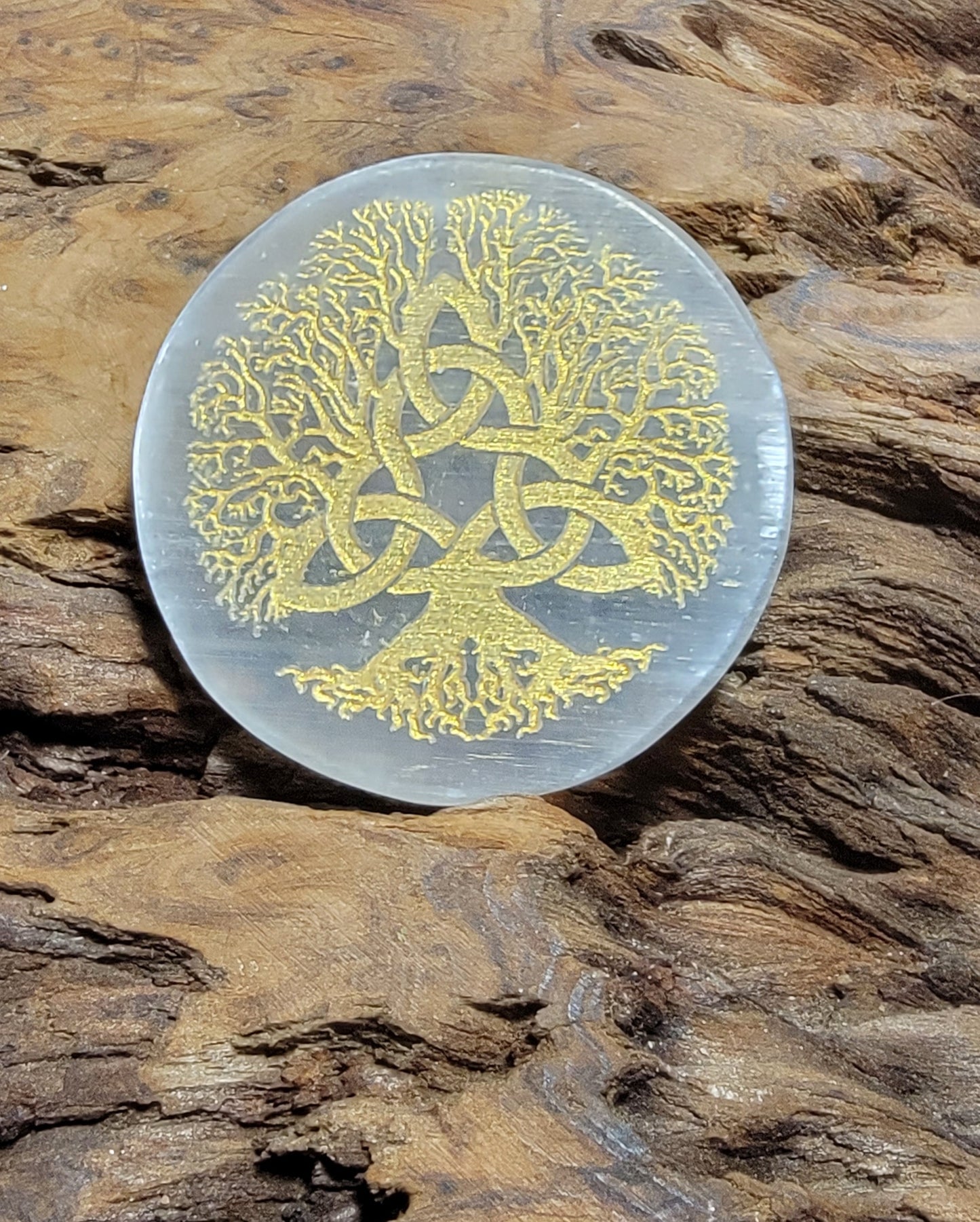 Golden Triquetra Tree of Life printed Selenite Charging Disc.