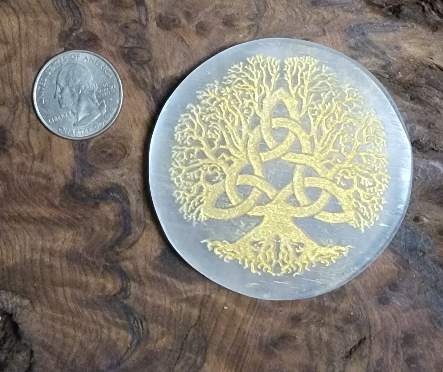 Golden Triquetra Tree of Life printed Selenite Charging Disc.