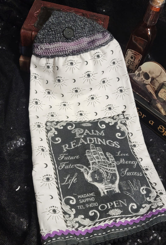 Croched kitchen towel with witchy desig