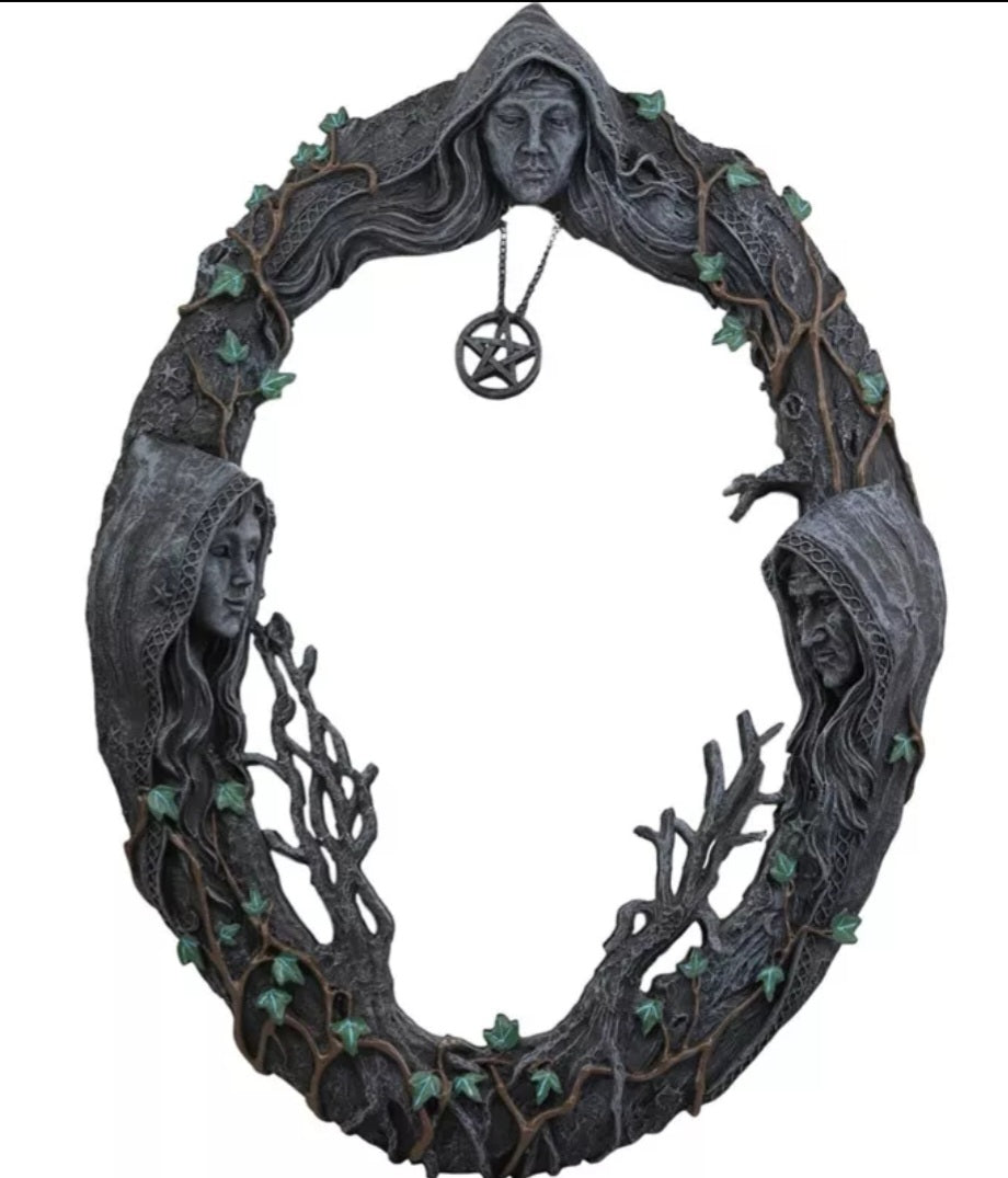 Triple Moon Goddess Mirror,  Mother Maiden Crown mirror, Goddess scribe, Goddess mirror,  Hecate Mirror, Hecate Scribe