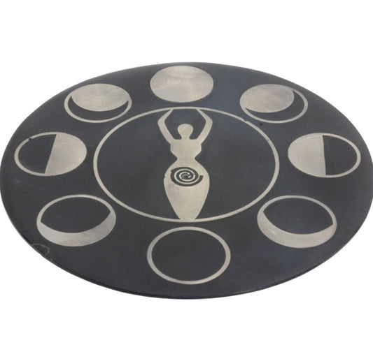 Moon Phase Goddess Soapstone Incense Holder with Silver Inlay – Stick Burner for Ritual & Altar Use