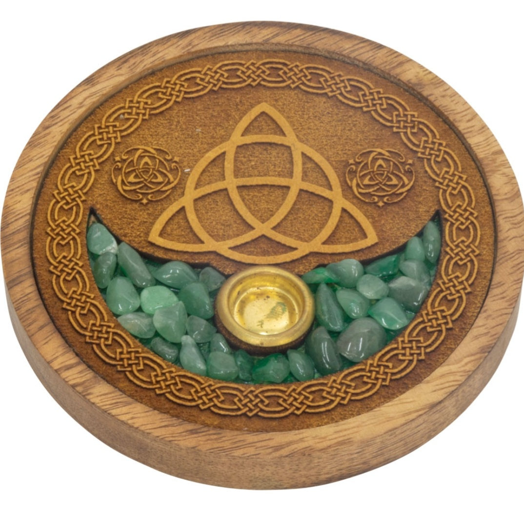 TRIQUETRA WITH GREEN AVENTURINE 4" WOOD ROUND INCENSE HOLDER