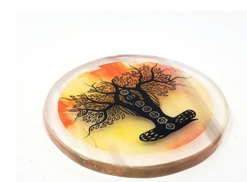 Chakra Tree of Life printed Selenite Charging Disc.