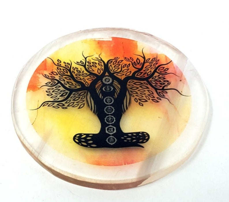 Chakra Tree of Life printed Selenite Charging Disc.