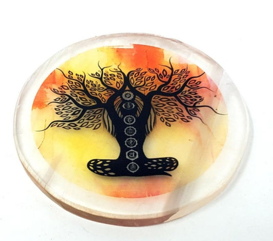 Chakra Tree of Life printed Selenite Charging Disc.