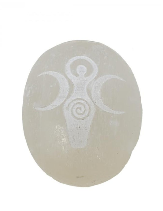 Selenite palmstone, with a triple moon goddess, etched onto it