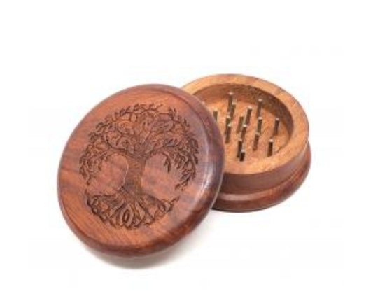 Small wood, herb grinder with celtic tree of life etched onto the face