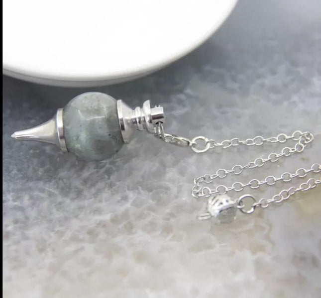 Round labradorite, sephorotone, pendulum, hanging on a chrome chain