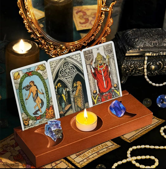 Triple Moon Tarot Card Holder Stand – Wooden 3" x 8" Display for Altar or Reading Space